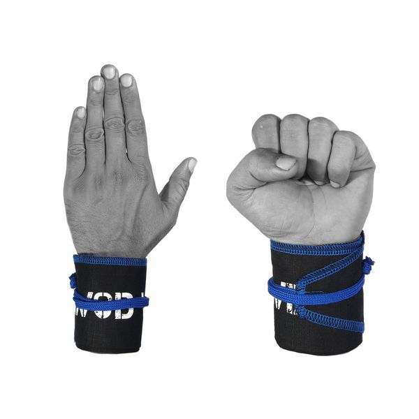 WOD Wear Wrist Wraps for Powerlifting, Strength Training, Bodybuilding, Cross Training, Olympic Weightlifting, Yoga Support - One Size Fits All (Black/Blue Stitch)