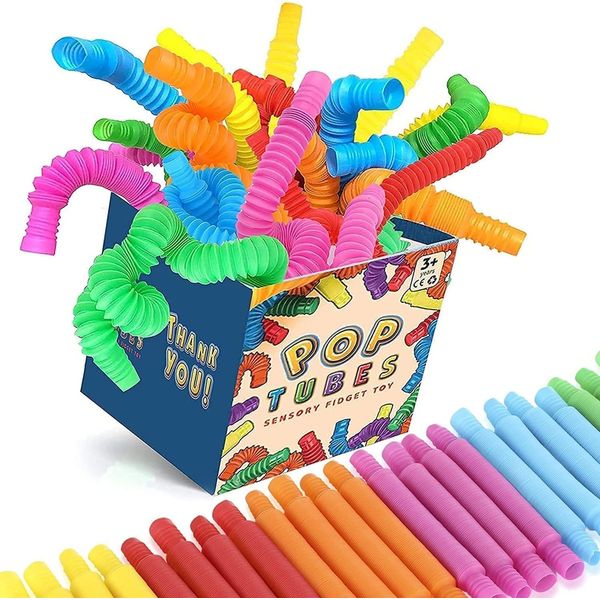 Pop Tubes Fidget Toy 24 Pack Sensory Stretch Tubes Kit Stress Relief Toys for Kids Toddlers Fun Pop Tubes Bulk for Building Activity Valentine's Day Gift for Kids School Classroom Exchange Prizes