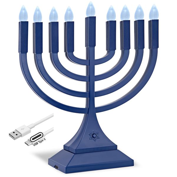 Zion Judaica 9" LED Hanukkah Menorah Blue Powered by Batteries or Included 3' USB C Cable Flameless Chanukkah Candles Holder LED Electric Minorah Bulbs Chanukah Decoration Lights Hanukkiah