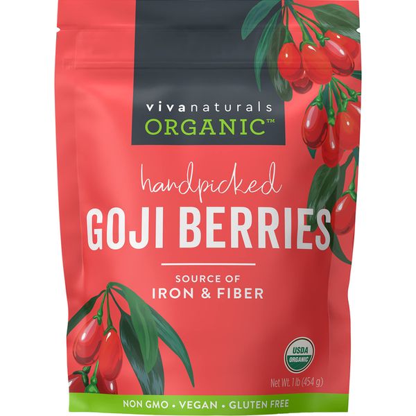 Viva Naturals Organic Dried Goji Berries - Non-GMO and Vegan Goji Berries Organic, Perfect for Baking, Teas and Healthy Snacks for Adults (1 lb)