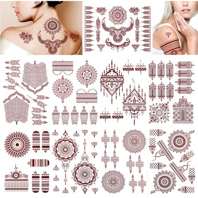 DPKOW Brown Red Temporary Tattoos for Woman Girls, 9 Sheets Mandala flower Tattoo Stickers Indian Lace Tattoo for Hand Arm Body Art, Waterproof Fake Temporary Tattoos Stickers for Eid al-Fitr Wedding