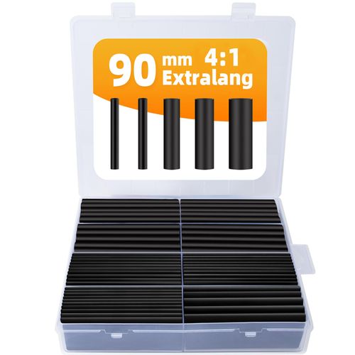 damoguin 90 mm Extra Long Heat Shrink Tubing Set with Adhesive, 4:1 Waterproof Heat Shrink Tube, Insulation Tube Assortment with 5 Different Sizes (Black, Pack of 100)
