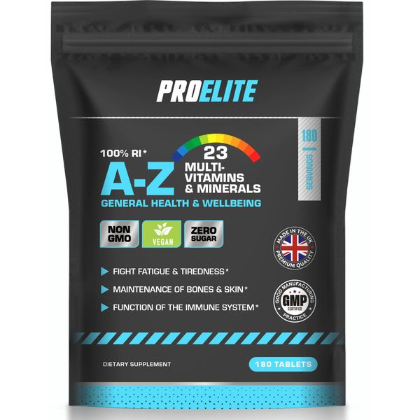 Multivitamins & Minerals - 180 Vegan Tablets - One a Day 100% RDA - 23 Essential Vitamins & Minerals in A-Z Multivitamin Tablet - Made in The UK by PROELITE