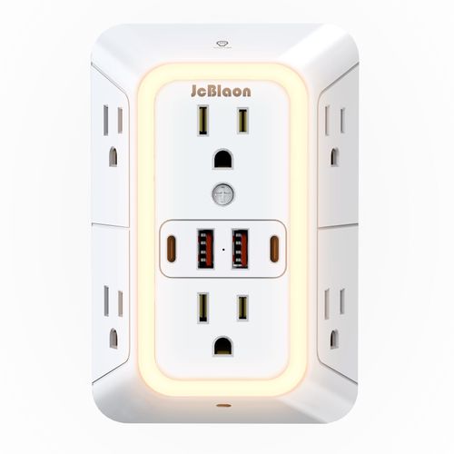 Wall Outlet Extender with Night Light, Power Plug Adapter 6 Outlet Extender with 4 USB Charging Ports 1050J Power Strip Multi Plug Adapter Spaced for Home Travel Office (2U2C)