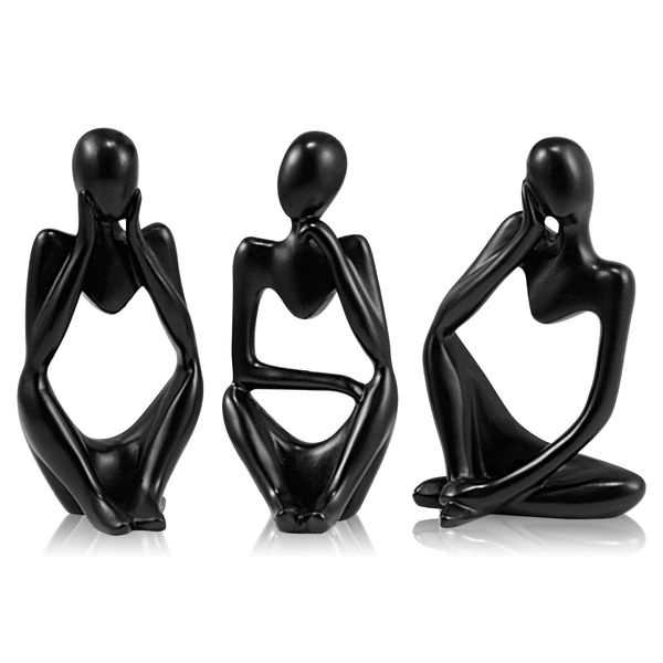 Cliplanyard Nordic Thinker Statue, 3Pcs Abstract Figurines Thinker Statues Modern Collectible Figurines Resin Bookshelf Sitting Sculpture Ornaments for Living Room Office (Black)