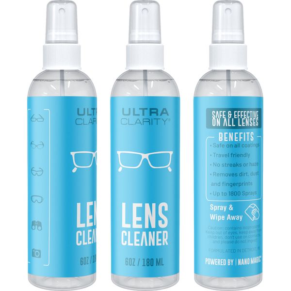 Ultra Clarity Powered by NANO MAGIC | Lens Cleaner 3-Pack 6oz Spray Bottles | Ideal for Coated Glasses Sunglasses Goggles Glass Camera Lenses Phone Laptop Screen Mirrors Gentle Formula Streak-Free