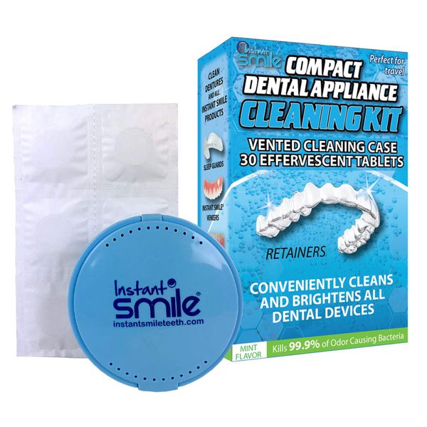 Instant Smile Compact Dental Appliance Cleaning Kit with 30 Effervescent Tablets, Odor and Stain Remover, Keeps Dental Appliances Clean and Fresh, Mint Flavour