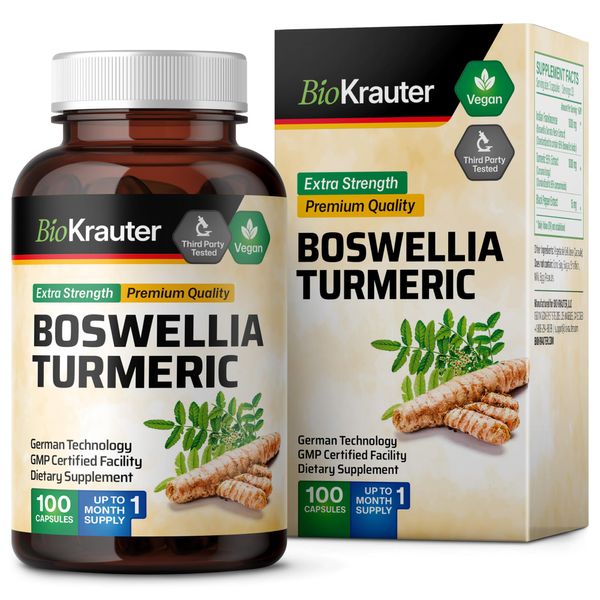 Turmeric Supplement with Boswellia Extract Capsules - Organic Boswellia Turmeric (Curcumin) 2000 mg Blend - Potent Joint Support Formula w/Black Pepper - 100 Vegan Boswellia Turmeric Capsules