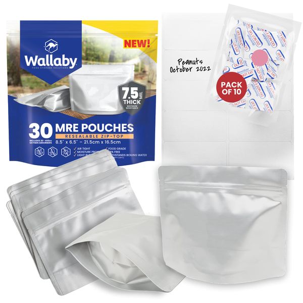 Wallaby MRE Mylar Bag Bundle - 30-pack (7.5 Mil - 6.5 x 8.5’’) Stand-Up Zipper Pouches, 30 Oxygen Absorbers (400cc) - Heat Sealable & Withstand Boiling Water for Long-Term Food Storage & Backpacking