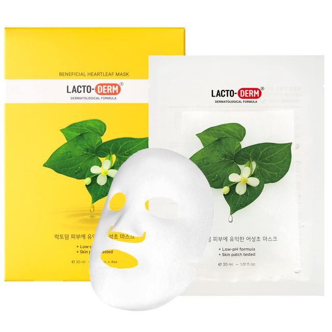 LACTO-DERM Beneficial Heartleaf Facial Mask Sheet with Lactobacillus Pack of 4, 1.01 fl.oz - Strengthen Moisture Barrier and Soothing, Refreshing and Texture Refining