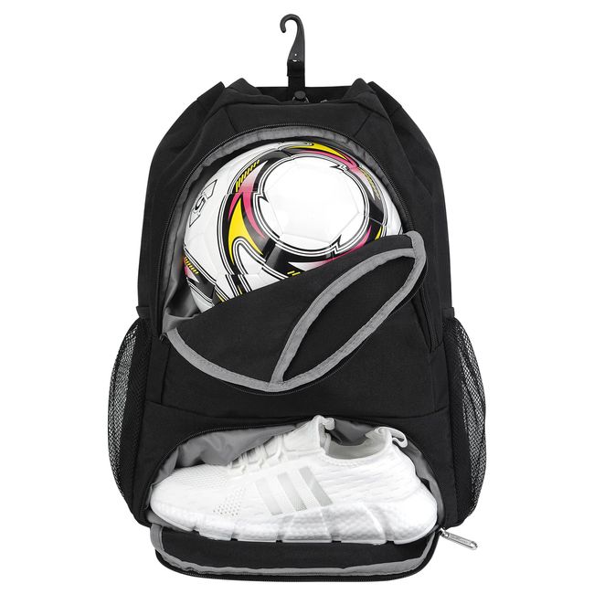 Fußball tasche, Basketball Kordelzug Rucksack Verstellbar Tunnelzug Daypack mit Ballfach & Schuhfach und Nasstasche Sporttasche für Herren Damen, Schwarz