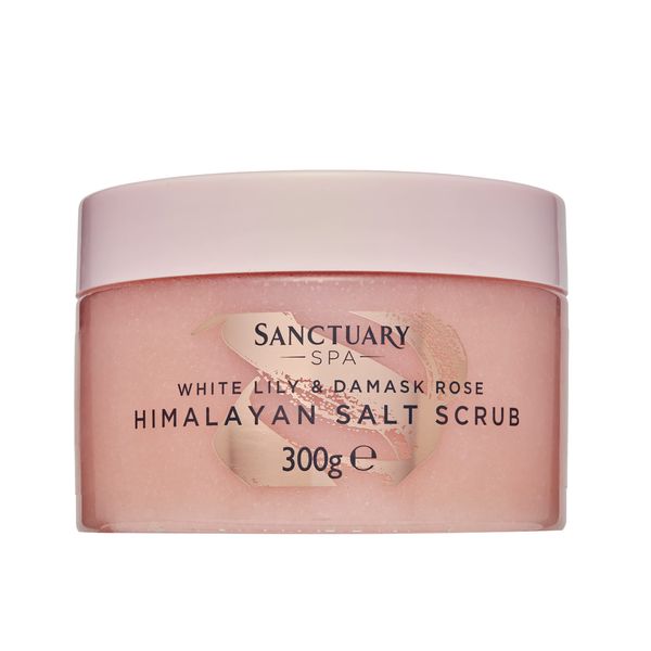 Sanctuary Spa White Lily and Damask Rose Salt Body Scrub, Exfoliating Pink Himalayan Salt with Vitamin E and Almond Oil, Vegan and Cruelty Free, 300g