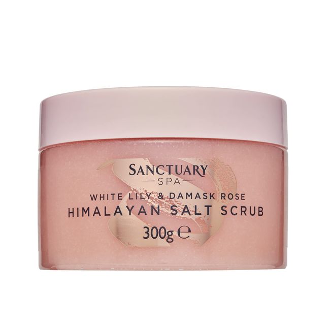 Sanctuary Spa White Lily and Damask Rose Salt Body Scrub, Exfoliating Pink Himalayan Salt with Vitamin E and Almond Oil, Vegan and Cruelty Free, 300g