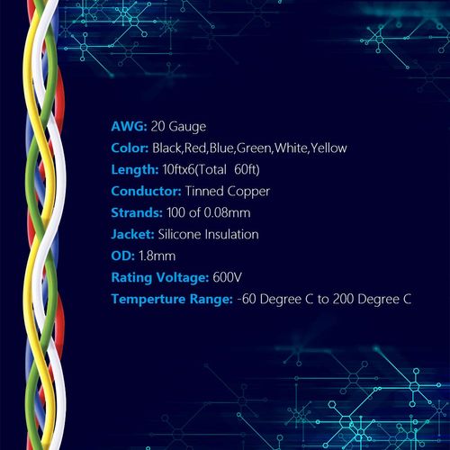 Fermerry 20 AWG Electrical Wire 0.5mm² Flexible Silicone Tinned Copper Wire Hook up Kit Stranded Wire Spool 10ft 3 Meter Each 6 Colors Gauge