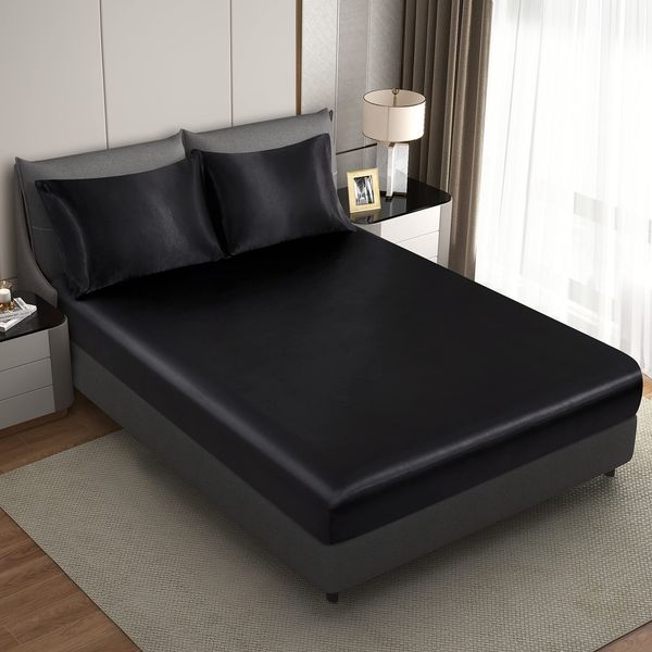 Silk Satin Black Queen Fitted Sheet Only, Deep Pocket Fitted Sheet Only, Brea...