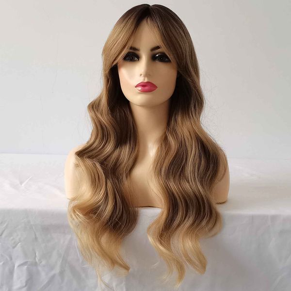 Sylhair Perrücke Frauen Braun Lockige Layered Synthetische Haar Lang Perücken Damen, Ombre Brown Wavy Wigs for Women