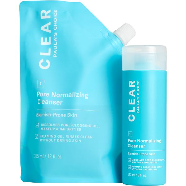 Paula's Choice CLEAR Pore Normalizing Cleanser Bottle + Refill Pouch Kit, Salicylic Acid Daily Face Wash Duo for Acne, Blackheads, Large Pores & Redness, Set of 2