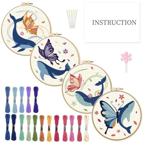 INFUNLY 4 Sets Embroidery Kit for Beginners with Butterfly and Whale Pattern DIY Embroidery Kit for Adults DIY Embroidery Set Cross Stitch Kit for Adults with Plastic Embroidery Hoops Threads Needles