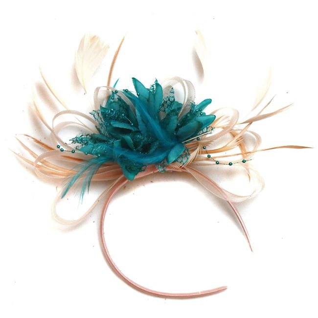 Caprilite Fashion Nude Salmon and Teal Turquoise Feather Hair Fascinator Headband Wedding Royal Ascot Races Ladies