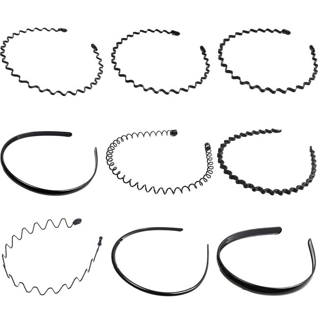 9 Stück Unisex Metall Haarband YUTOU Rutschfestes Elastisches Stirnband Haarbänder, Welle Schwarz Frühling Haarreifen, Hair Band für Damen Herren, Haareifen für Outdoor Sports Yoga