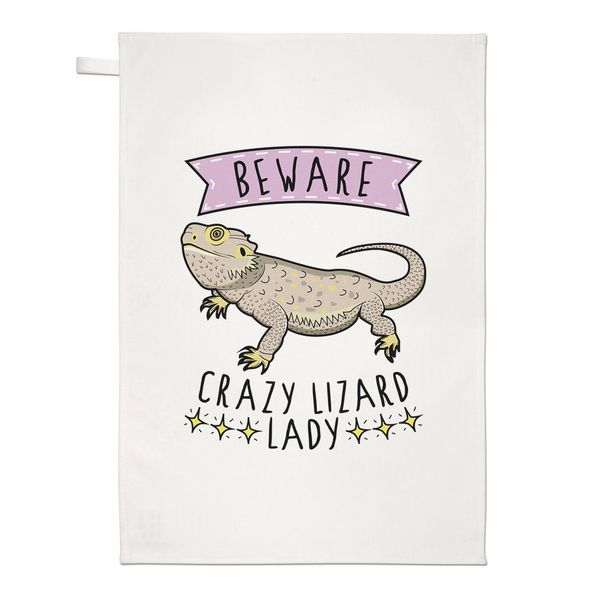 Beware Crazy Lizard Lady Tea Towel Dish Cloth - Funny Animal Pet