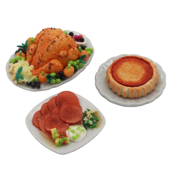 Set 3 Dollhouse Miniatures Thanksgiving Day Dinner Turkey with Pumpkin Pie Food Supply Handcrafted,Tiny Food