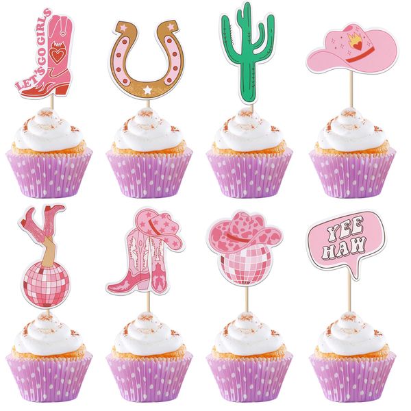 40 PCS Cowgirl Cupcake Toppers Double Sided HorseShoe Cactus Hat and Boot Cupcake Picks Disco Ball Cup Rodeo Cake Decorations for Western Cowgirl Theme Birthday Party Supplies