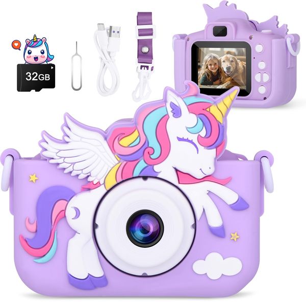 Kids Camera Unicorn Toys for Girls, Digital Camera for Kids Age 3-8 Toddler Travel Toys, Birthday Gift for Girls 3 4 5 6 7 8 Year Old Christmas, HD 1080P Video Camera, 32G SD Card Included (Purple)