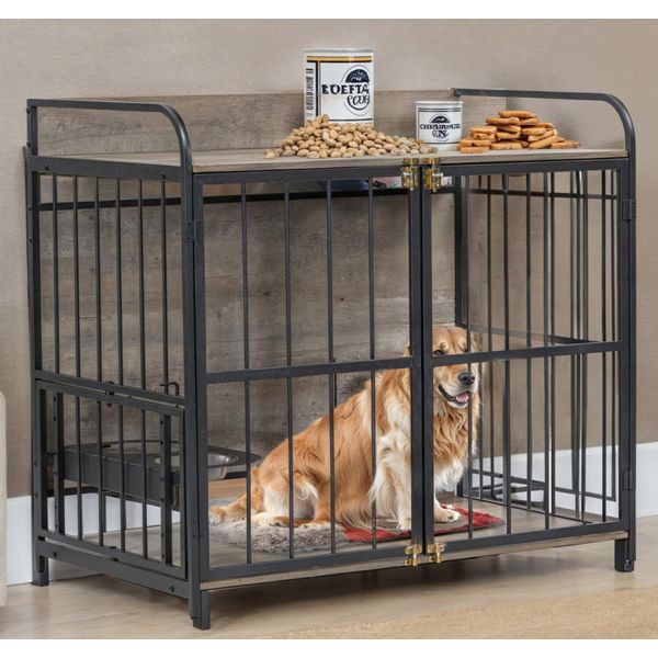 39"Heavy Duty Dog Crate Indoor, Metal Kennel Cage Double Doors&Adjustable Feeder