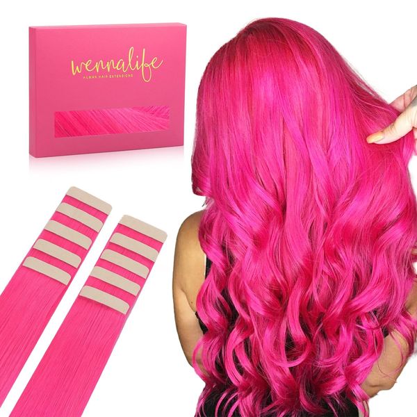 WENNALIFE Tape in Hair Extensions Human Hair Hot Pink Tape in Extensions, 10pcs 25g 14 inch Remy Invisible Tape Ins Straight Colored Soft Real Human Hair Tape in Extensions Refill Set Extensions