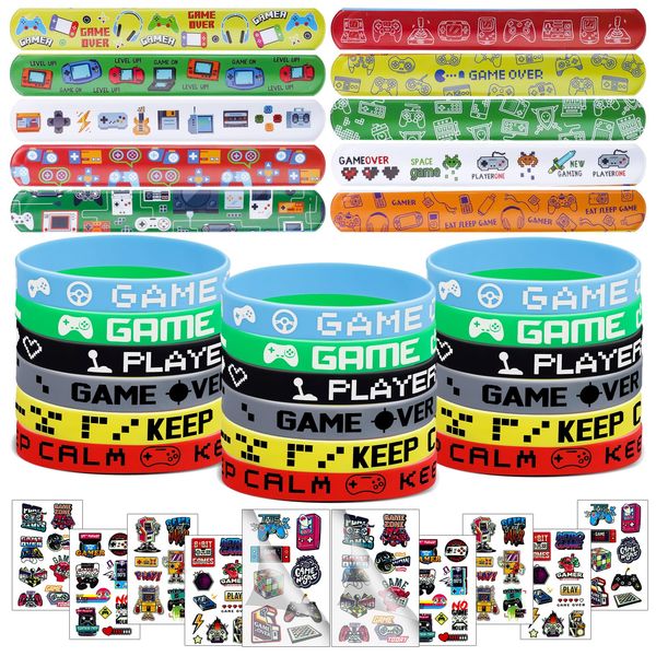 Moncinday 60PCs Video Party Favor Video Game Slap Bracelet Video Game Wristband Silicone Bracelet Video Game Tattoos for Kids Game Themed Birthday Party Decor