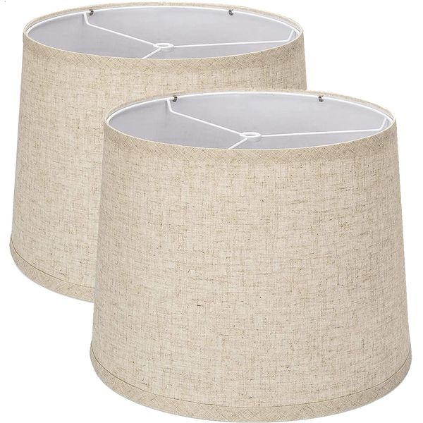 Lamp Shades Set of 2, Medium Lampshades 11.6" Top x 12.6" Bottom x 9.8" High, Drum Lampshades (Spider Fitter), Natural Beige Linen Lampshades Hand Crafted Shades Replacement for Table Lamp, Floor Lamp