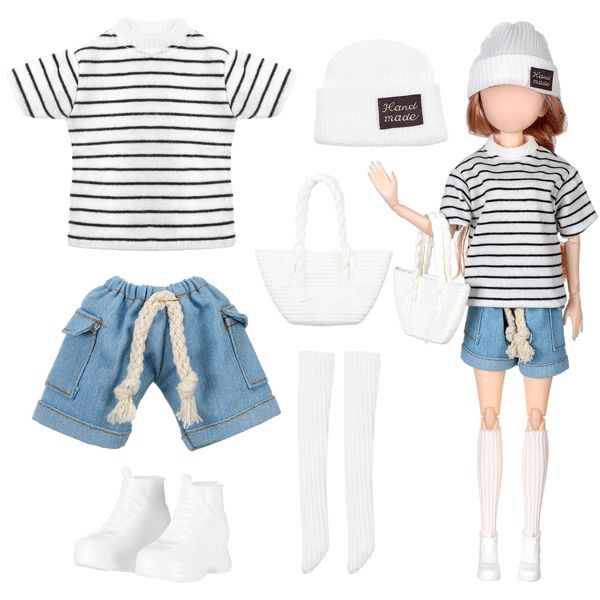 Geyoga Doll Clothes 12 Inch Girl Doll Accessories Casual Wear Clothes Outfits with Shoes Socks Hat Bag Top Jumpsuit Set Gift for Kids (Striped Style)