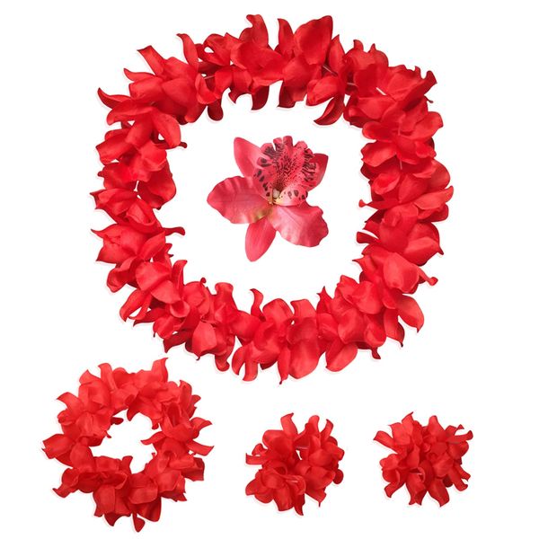 Hawaiian Leis Luau Tropical Headband Flower Crown Wreath Headpiece Wristbands Women Girls Floral Necklace Bracelets Hair Band For Summer Beach Vacation Pool Party Decorations Favors Supplies Red