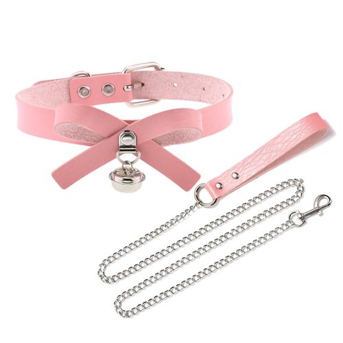 Heavy Duty Dog Leash with Bell Collar Necklace, Metal Chains Leash with PU Handle for Medium Large Size Pets (Pink)