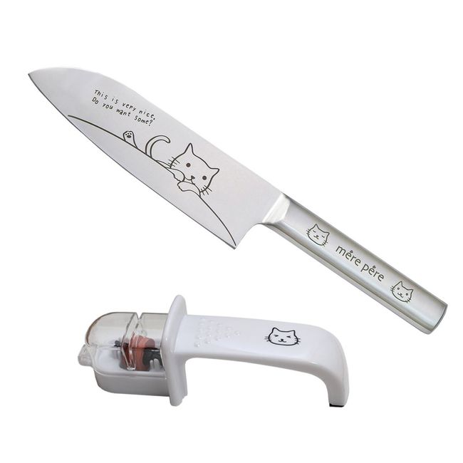 Mere Pere Santoku All - Purpose Kitchen Knife, 6.7 in Blade, Original Cat Design, Sharpener Included