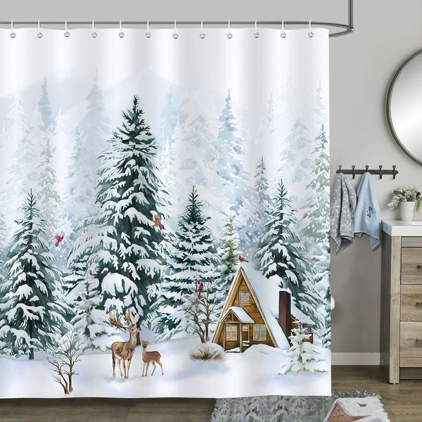 Bonhause Winter Christmas Tree Shower Curtain Forest Deer Pine Tree Snow Scene Bathroom Curtain 180 x 180 cm Waterproof Mildew & Mould Resistant Polyester Fabric Bath Curtain with 12 Hooks