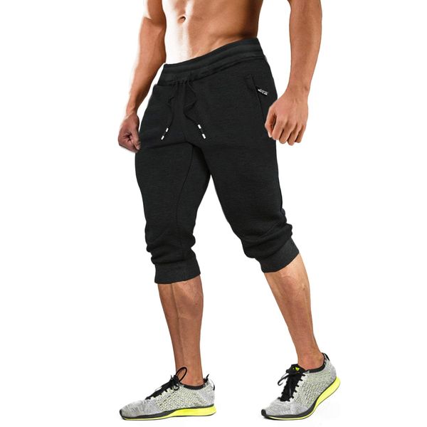 MAGCOMSEN Mens Capri Joggers Workout Pants with Zipper Pockets 3/4 Sweatpants Knee Length Shorts Running Shorts Training Shorts Capri Pants for Men Black