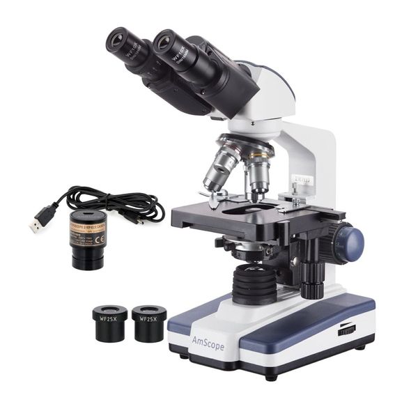 AmScope 40X-2500X Compound Binocular Microscope w 3D Stage, 1.0MP Digital Camera