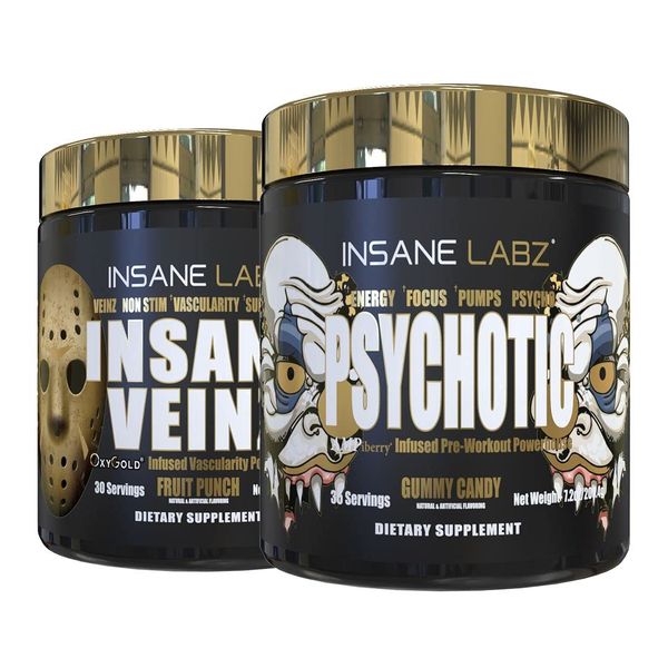 Insane Labz Psychotic Gold and Insane Veinz Gold Pre Workout Nitric Oxide Booster Stack, Increase Muscle Mass, Vascularity, Strength, Energy, Focus, Gummy Candy and Fruit Punch.