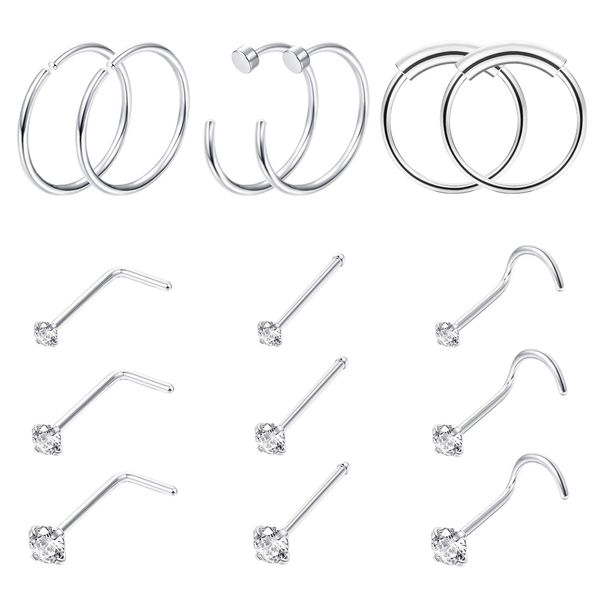 FINREZIO 15PCS 20G Surgical Steel Nose Rings Hoop Studs Cartilage Earrings Body Piercing Jewelry Silver 1.5mm 2mm 2.5mm CZ