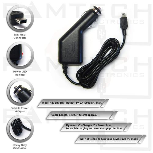 Ramtech DC 12V 2A Universal Car Charger Power Adapter Cable Cord for GPS, Compatible with 7 Inch Good Sam GPS 7725 LM 7735 LM Powered by RM, Stylus Pen Included, CHMNS