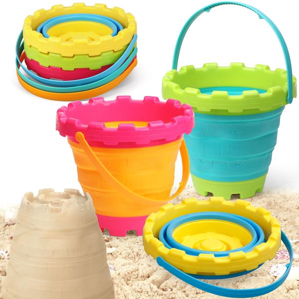 Jumbo Beach Sand Bucket Toy for Kids, 3L Collapsible Sandbox Pail, Easter Buckets, Multi Use Tool for Garden, Planting, Camping, Storage Fishing, Washing, Summer Holiday Travel Birthday Gifts 3 Pack