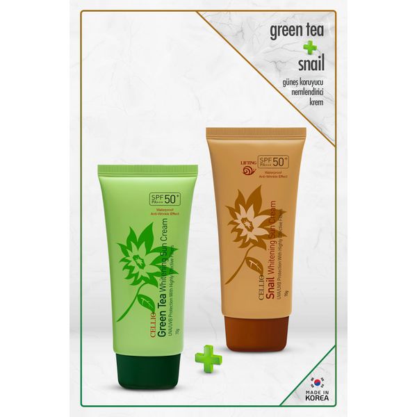 2'li Güneş kremi, Green Tea + Snail içeren Güneş Koruyucu nemlendirici krem Spf50 Pa Uva/uvb