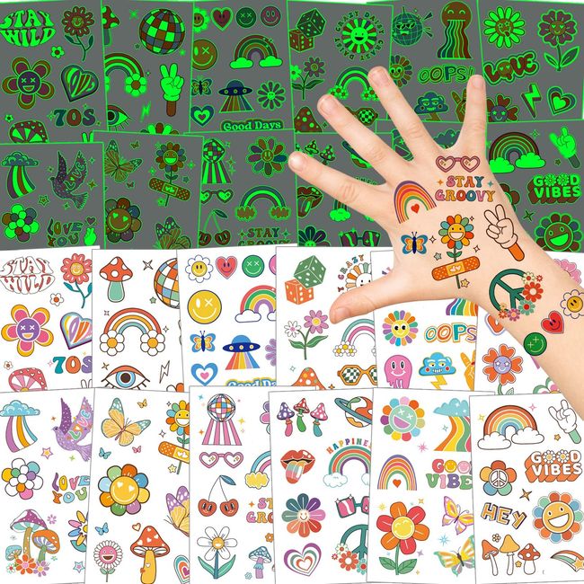 Konsait Groovy 70s Temporary Tattoos for Kids, 90 Pcs Glow in Dark Hippie Tattoos Stickers Flower Rainbow Butterfly Love and Peace Face Tattoos for Girls Flower Power Birthday Party Favor Supplies