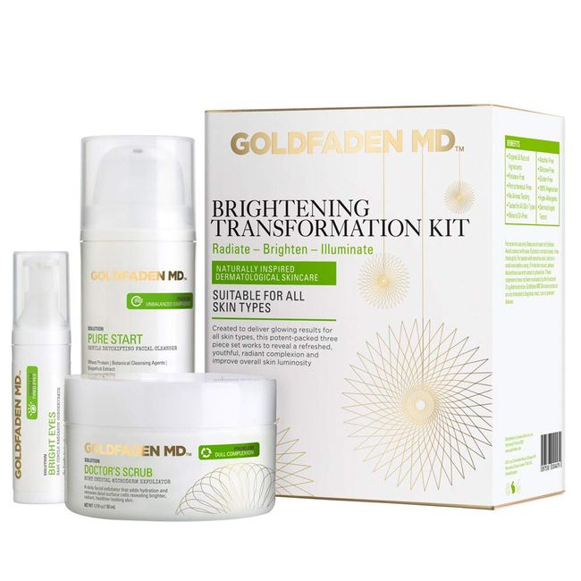 GOLDFADEN MD Brightening Transformation Kit | Advanced Skin Care Regime For Face | Includes Doctors Scrub Exfoliator, Pure Start Cleanser & Bright Eyes Eye Cream | 3 Pc Set