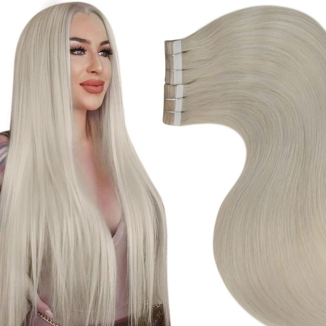 LAAVOO Blonde Hair Extensions Real Human Hair Tape in Platinum Blonde Hair Extensions Human Hair 16 inch Double Sided Soft Hair Extensions Tape in Blonde for Women 20pcs 50g