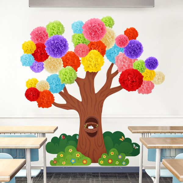 Qeeenar 3D Spring Classroom Tree Bulletin Board Decorations Set Colorful Tree Spring Classroom Decor with Paper Flower Pompom Branch Grass Bulletin Board Cutouts for Preschool Chalkboard Wall Supplies