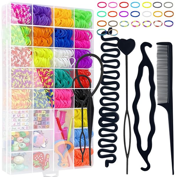 Mini Hair Bands with Organizer Box, Soft Small Girl Hair Ties, Colorful Baby Rubber Bands Set Hair Tail Tools and Rat Tail Comb for Kid Toddlers, Perfect for Braids, Ponytails 32 cells(1225PCS)