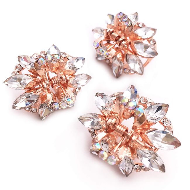 3PCS Crystal Rhinestone Rose Gold Tone Small Metal Hair Claw Clip for Women Girls